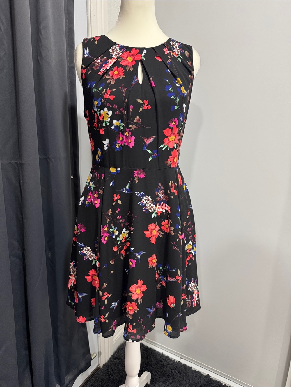 Express Floral Keyhole Fit & Flare Dress - Black with Pink & Multi Floral 6